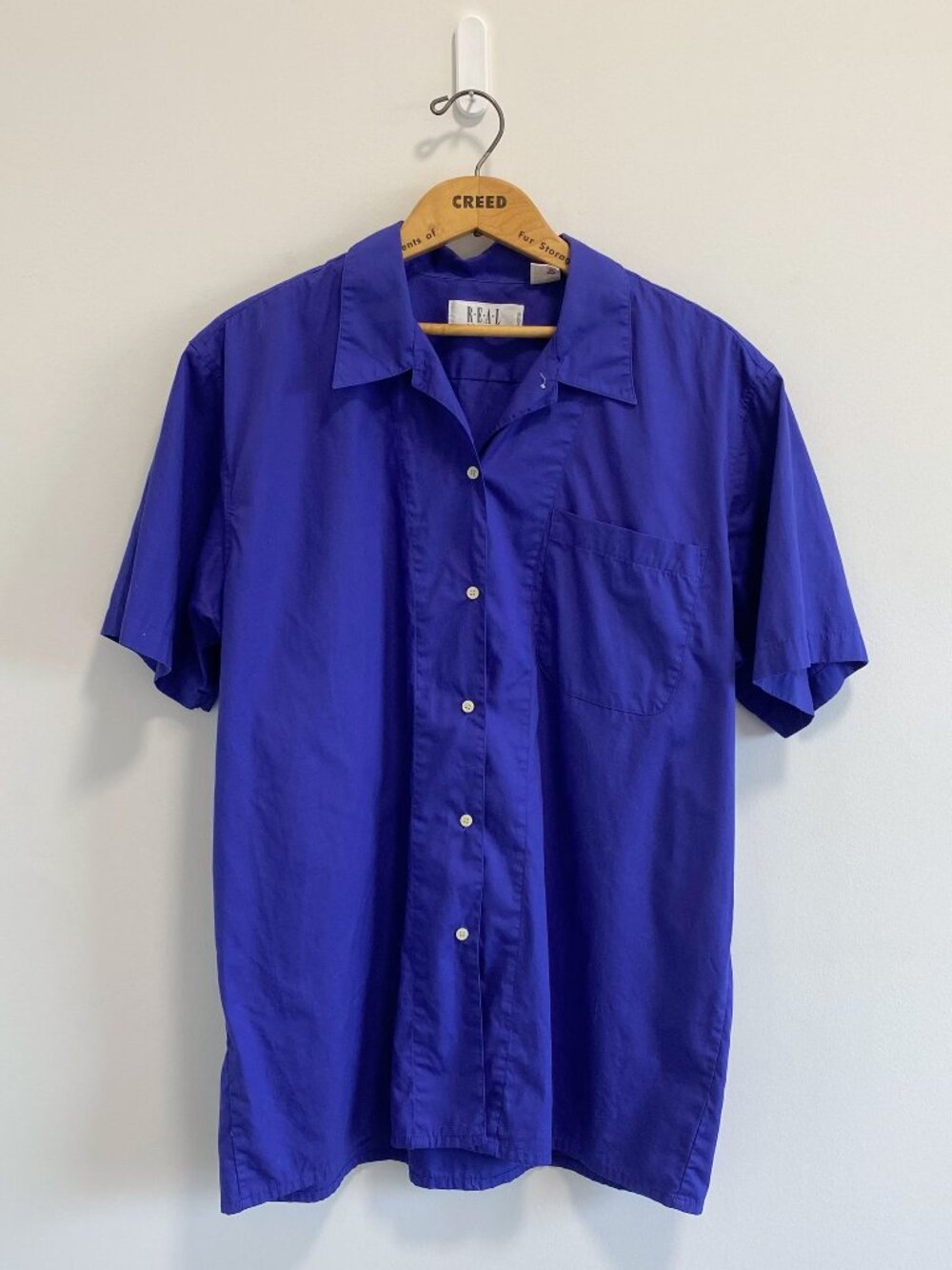 Vintage Royal Blue Short Sleeve Button Down Shirt / 90s / 100% Cotton